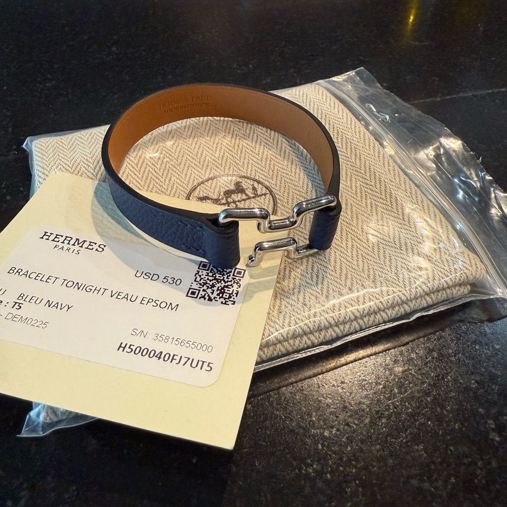 Hermes New Tonight Navy Leather Bracelet (T5)